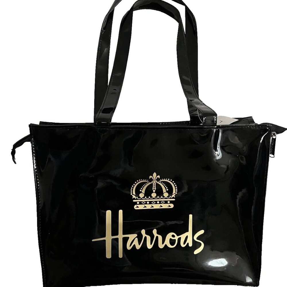 HARRODS LONDON Large PVC Zip Top Tote Bag Glossy Black color - BNWT